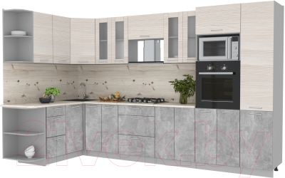 Кухонный гарнитур Интерлиния Мила 1.68x3.4 левая (вудлайн кремовый/бетон/бискайская сосна)