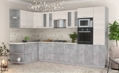 Готовая кухня Интерлиния Мила 1.68x3.4 левая (вудлайн кремовый/бетон/бискайская сосна)
