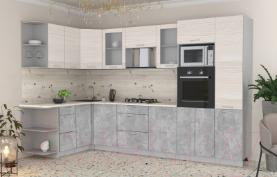 Готовая кухня Интерлиния Мила 1.68x3.2 левая (вудлайн кремовый/бетон/бискайская сосна)
