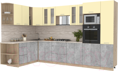 Готовая кухня Интерлиния Мила 1.88x3.4 левая (ваниль/бетон/травертин)