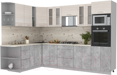 Готовая кухня Интерлиния Мила 1.88x3.0 левая (вудлайн кремовый/бетон/бискайская сосна)