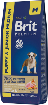 Сухой корм для собак Brit Premium Dog Puppy and Junior Medium с курицей / 5049141 (8кг)