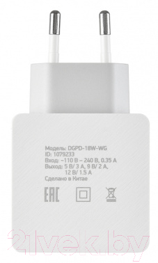 Зарядное устройство сетевое Digma DGPD-18W-WG (белый)