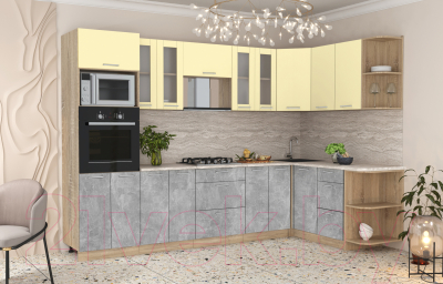 Готовая кухня Интерлиния Мила 1.68x3.0 правая (ваниль/бетон/травертин)