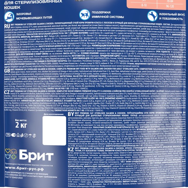 Сухой корм для кошек Brit Premium Cat Sterilized Salmon&Chicken / 5049851 (2кг)