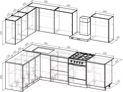 Готовая кухня Интермебель Микс Топ-29 2.1x1.72м левый (белый премиум/дуб крафт золотой/венато)