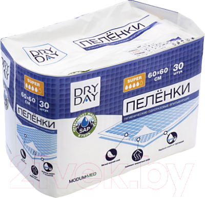 Набор пеленок одноразовых впитывающих Modum Dry Day Super 60x60 (30шт)