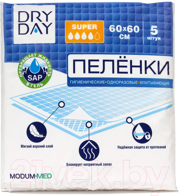 Набор пеленок одноразовых впитывающих Modum Dry Day Super 60x60 (5шт)