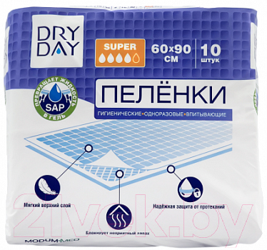 Набор пеленок одноразовых впитывающих Modum Dry Day Super 60x90 (10шт)