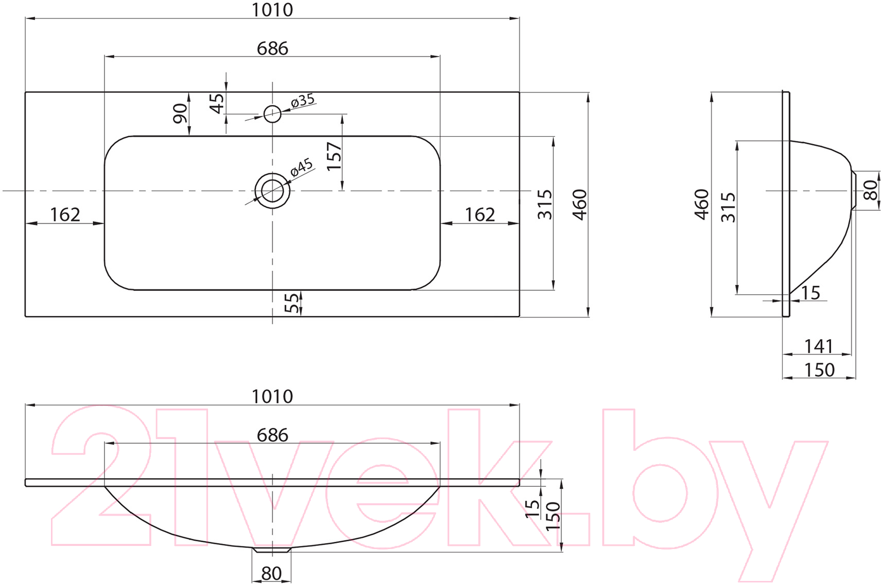 Умывальник BelBagno BB1010/465-LV-VTR-BO