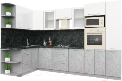 Готовая кухня Интерлиния Мила Пластик 1.68x3.2 левая (мрамор/белый глянец/кастилло темный)