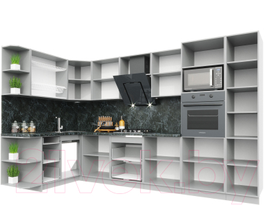Готовая кухня Интерлиния Мила Пластик 1.68x3.4 левая (мрамор/белый глянец/кастилло темный)