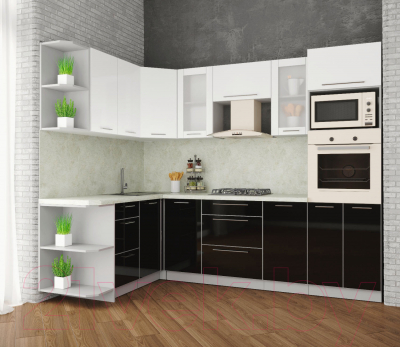 Готовая кухня Интерлиния Мила Пластик 1.68x2.6 левая (черный/белый глянец/опал светлый)