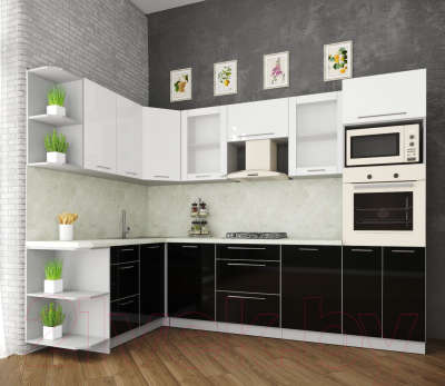 Готовая кухня Интерлиния Мила Пластик 1.68x2.8 левая (черный/белый глянец/опал светлый)