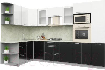 Готовая кухня Интерлиния Мила Пластик 1.68x3.2 левая (черный/белый глянец/опал светлый)