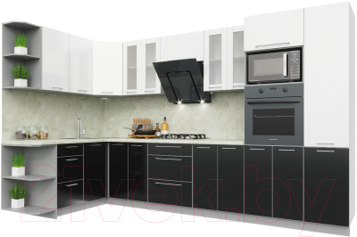Готовая кухня Интерлиния Мила Пластик 1.68x3.4 левая (черный/белый глянец/опал светлый)