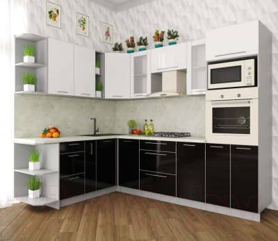 Готовая кухня Интерлиния Мила Пластик 1.88x2.6 левая (черный/белый глянец/опал светлый)