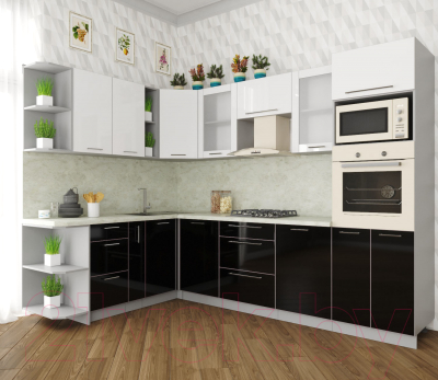Готовая кухня Интерлиния Мила Пластик 1.88x2.8 левая (черный/белый глянец/опал светлый)
