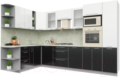 Готовая кухня Интерлиния Мила Пластик 1.88x3.2 левая (черный/белый глянец/опал светлый)