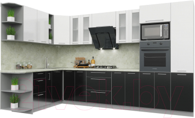 Готовая кухня Интерлиния Мила Пластик 1.88x3.4 левая (черный/белый глянец/опал светлый)