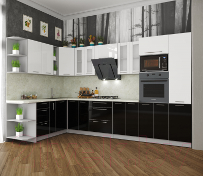 Готовая кухня Интерлиния Мила Пластик 1.88x3.4 левая (черный/белый глянец/опал светлый)