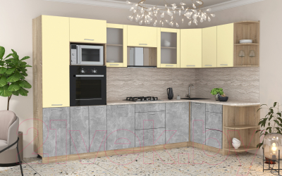 Готовая кухня Интерлиния Мила 1.68x3.2 правая (ваниль/бетон/травертин)