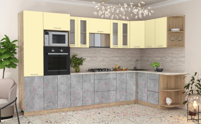 Готовая кухня Интерлиния Мила 1.68x3.4 правая (ваниль/бетон/травертин)