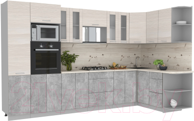 Готовая кухня Интерлиния Мила 1.68x3.4 правая (вудлайн кремовый/бетон/бискайская сосна)