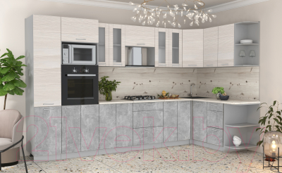 Готовая кухня Интерлиния Мила 1.68x3.4 правая (вудлайн кремовый/бетон/бискайская сосна)
