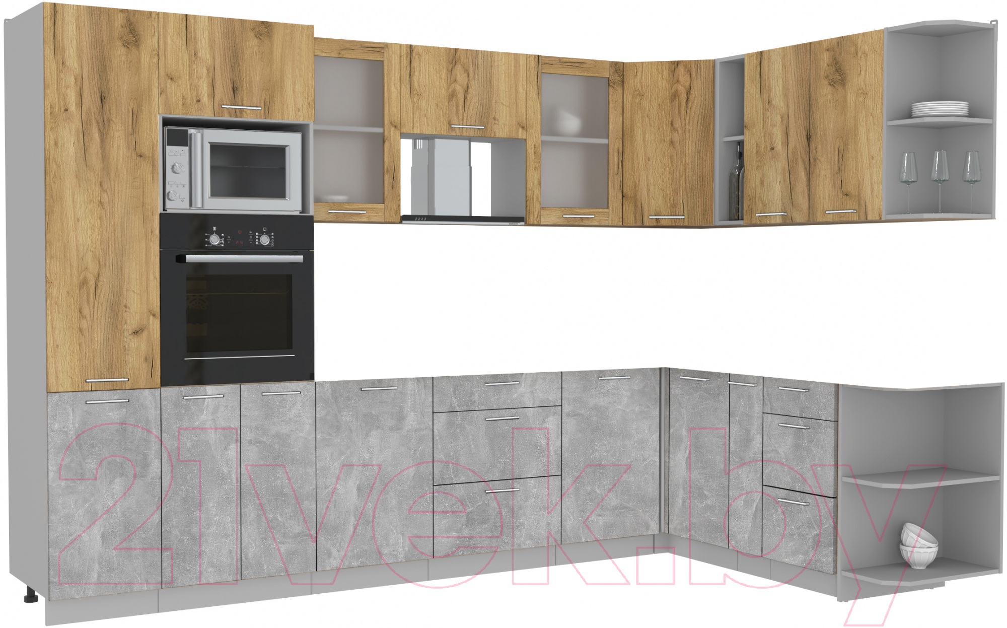 Готовая кухня Интерлиния Мила 1.88x3.2 правая (дуб золотой/бетон/дуб бунратти)