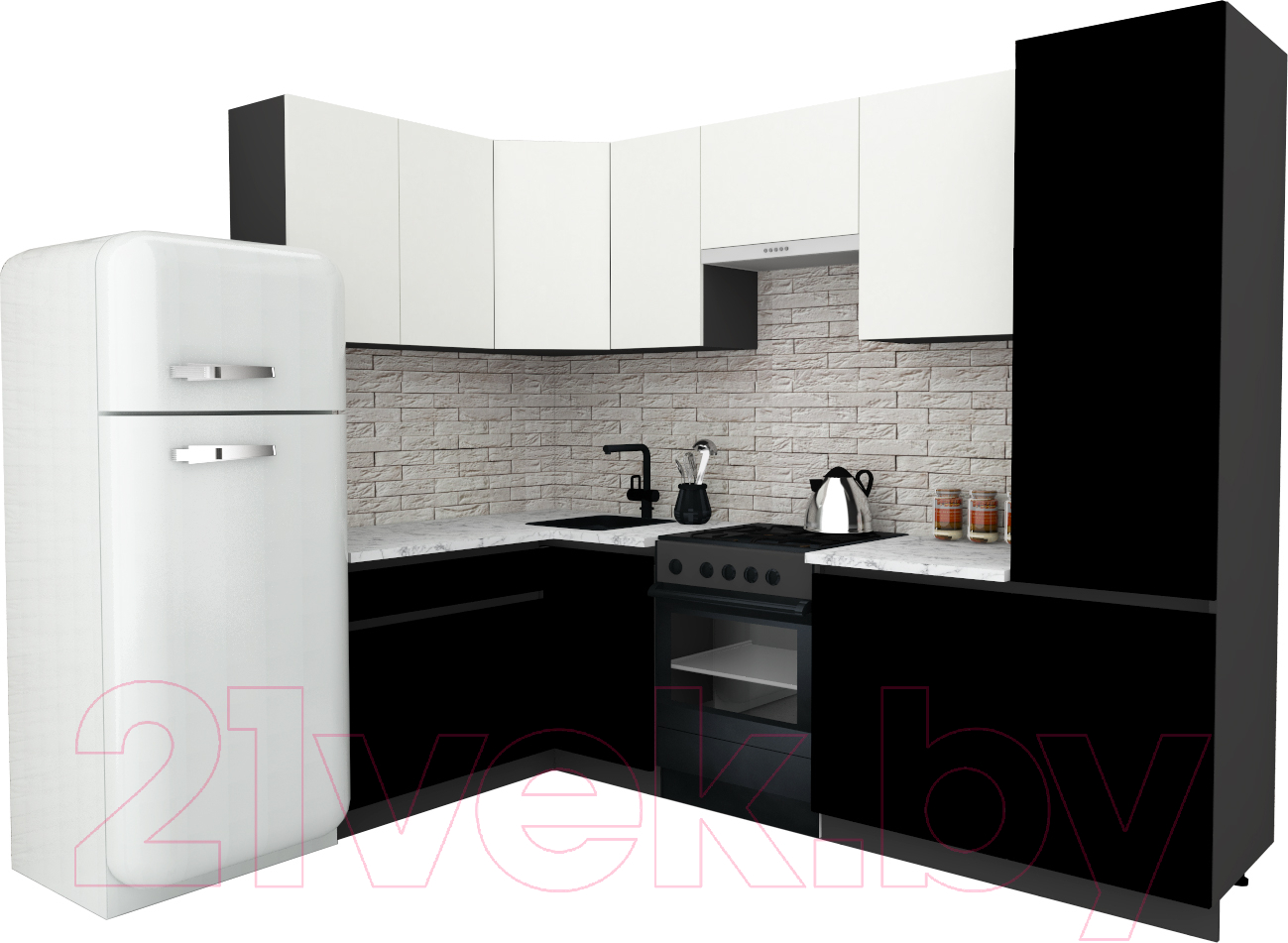 Готовая кухня ВерсоМебель Эко-8 1.4x2.7 левая (белый фасадный/черный/ст.мрамор итальянский)