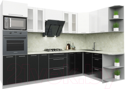 Готовая кухня Интерлиния Мила Пластик 1.68x3.0 правая (черный/белый глянец/опал светлый)