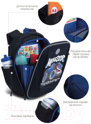 Школьный рюкзак Grizzly RAf-293-2 (черный/синий)