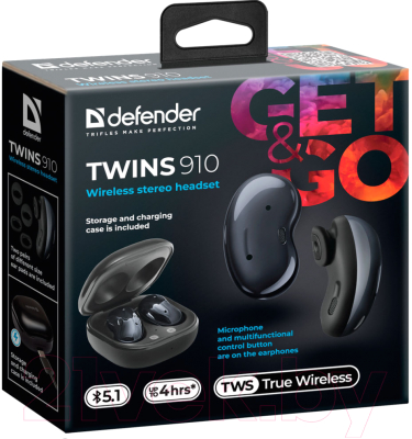 Изображение товара Беспроводные наушники Defender Twins 910 / 63912 (черный)