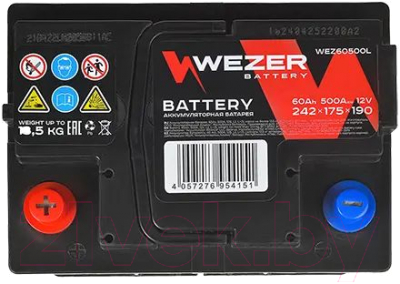 Автомобильный аккумулятор Wezer 500A L+ / WEZ60500L (60 А/ч)