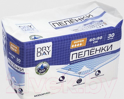 Набор пеленок одноразовых впитывающих Modum Dry Day Super 60x90 (30шт)