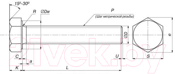 Болт ЕКТ С шестигранной головкой M8х80 DIN933 / B008372 (2шт, нержавеющая сталь) — фото 2