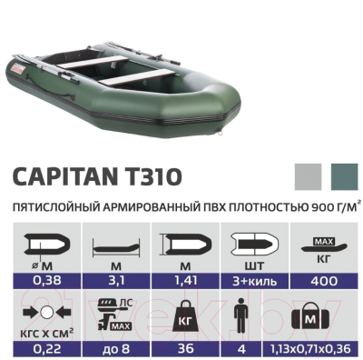 Надувная лодка Тонар Капитан Т310 слань+киль / 4897018 (зеленый)