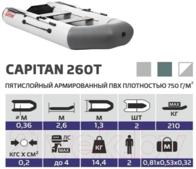 Надувная лодка Тонар Капитан 260Т / 4897011 (белый/серый)