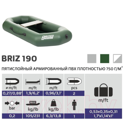 Надувная лодка Тонар Бриз 190 с гребками / 4897001 (зеленый)
