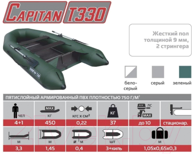 Надувная лодка Тонар Капитан Т330 слань+киль / 4999937 (серый)