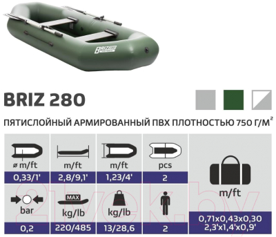 Надувная лодка Тонар Бриз 280 / 4897009 (зеленый)