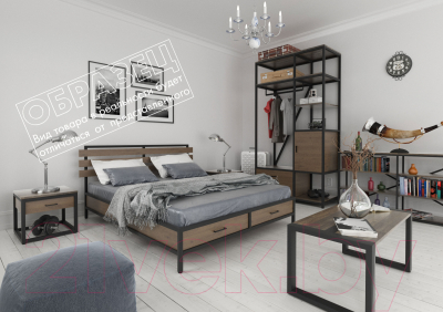 Двуспальная кровать Millwood Neo Loft KM-1/L (дуб белый Craft/металл черный)