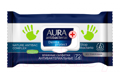 Aura Derma Protect Антибактериальные Ромашка (72шт) Влажные салфетки ...
