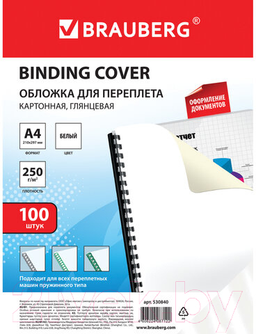 Обложки для переплета Brauberg А4 250 г/м2 / 530840 (100шт, белый) — фото 2