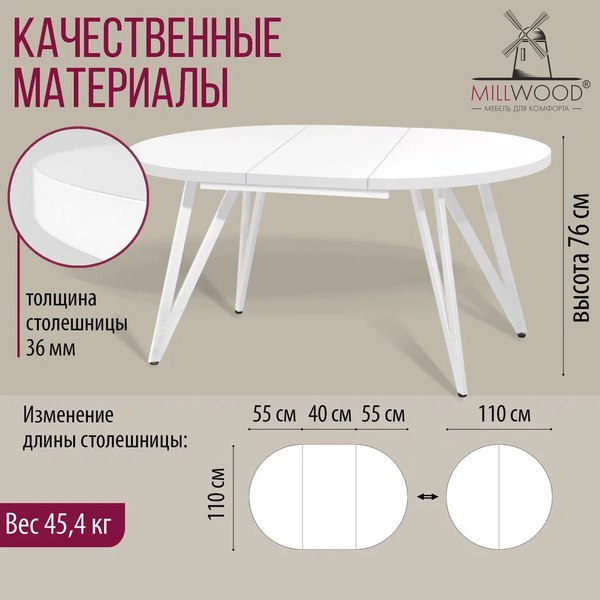 Обеденный стол Millwood Женева 3 D раздвижной D110-150x110x76.4 (белый/металл белый)