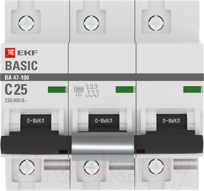 Изображение товара Выключатель автоматический EKF Basic ВА 47-100 3P 25А (C) 10kA / mcb47100-3-25C-bas