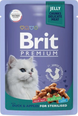 Влажный корм для кошек Brit Premium для стерилизованных утка с яблоками в желе / 5050208 (85г)