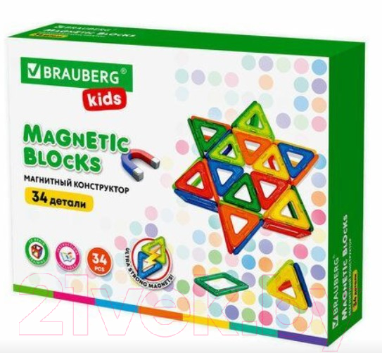 Конструктор магнитный Brauberg Kids Magnetic Big Blocks-34 / 663845