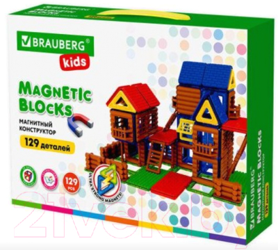 Конструктор магнитный Brauberg Kids Magnetic Mega Build Blocks-129 Построй дом / 663850